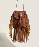 Brown Tasseled Rivet Faux Leather Messenger Bag